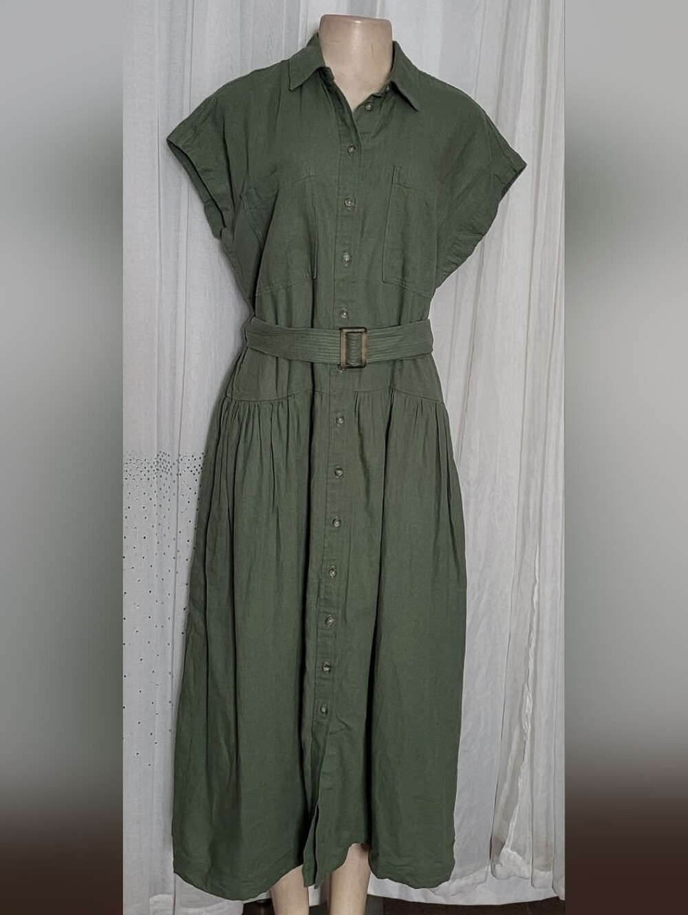 Universal Thread Olive Green Button-Front Midi Shirt Dress